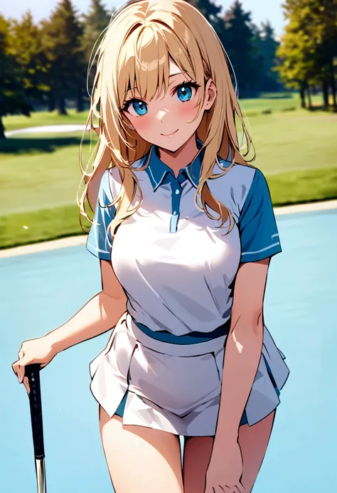 sound　high resolution　8k beauty　Woman playing golf　Golf course　Beautiful woman　semi-long　Blonde　White　Golf Wear　mini skirt　smile　　looking at the camera　nice shot