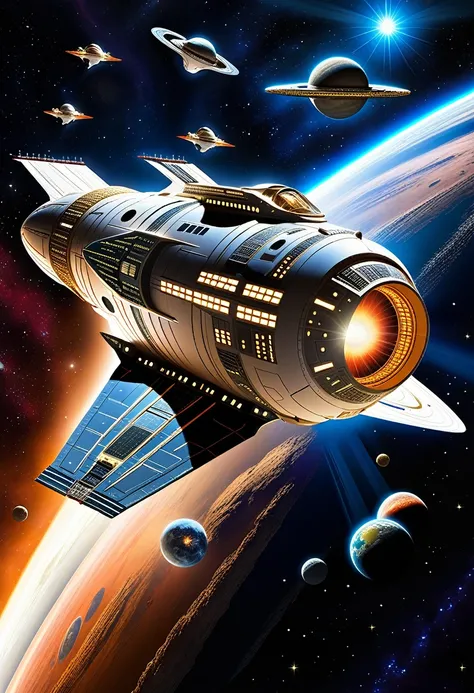 Epic Spaceship Description: Uma nave espacial detalhada, viajando pelo cosmos com planetas e estrelas ao fundo. A tribute to science fiction epics and intergalactic journeys.