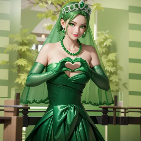 Emerald tiara, Green Pearl Necklace, ボーイッシュな非常に短いGreen Hair, Green Lips, Smiling Japanese woman, Very short hair, Busty beautiful lady, Green Eyes, Green satin long gloves, Green Eyes, Emerald Earrings, Green veil, Heart with both hands, Green Hair, Beauti...