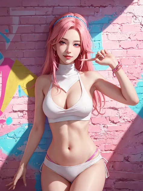 (Masterpiece, best quality, 1 girl, alone, complicated details, Chromatic aberration), realistic, ((Moderate breath)),long hair, pink hair, Red headpiece, Pink Highlights, hair on one eye,purple eyes, earring, sharp eyes, choker, Neon coat, She wears a col...