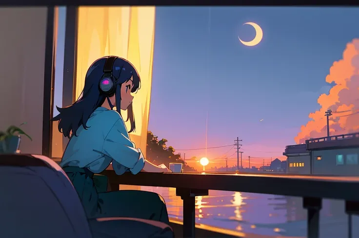 1 girl, 90s anime style, night, coffee shop, moon, Girl wearing headphones, late night カフェ, Listening to music alone, City Pop, low quality, Lo-Fi, Chill, late night, Stylish cafe, Dark Room, futuristic night view outside the window, Dark Room,Ghibli-style...