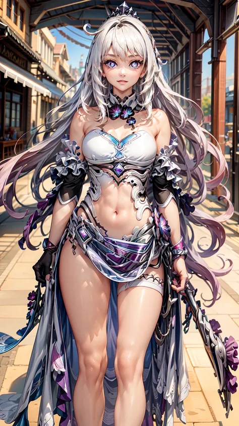 (masterpiece, best quality:1.2), cowboy shot, solo, 1girl, kiana_hofi,long_hair, breasts, looking_at_viewer, bangs, blue_eyes, hair_ornament, dress, cleavage, gloves, crown, hair_ornament, midriff ,NSFW, official art, extremely detailed CG unity 8k wallpap...