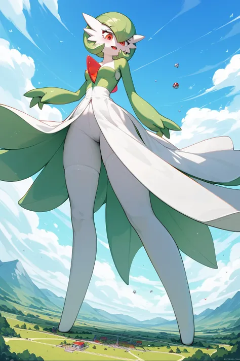 (score_9,score_8,score_7),{{green and white}}, gardevoir, pokemon, macro, low angle, {{standing on the ground}}, standing ,continent