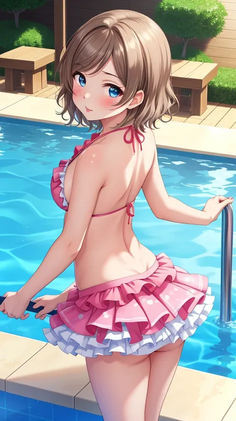 (Masterpiece), 8k wallpaper, solo, Watanabe you, game cg, beautiful detailed face and eyes, perfect anatomy, blush, glossy lips, standing, pool, frilly bikini with microskirt, looking back at viewer