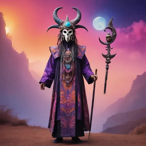 The image portrays a fantastical, shaman-like figure standing against a vibrant, cosmic backdrop. The character is adorned in elaborate robes with eye-like patterns and a dark, feathered cloak. The head is a striking feature, with a large, horned skull mas...