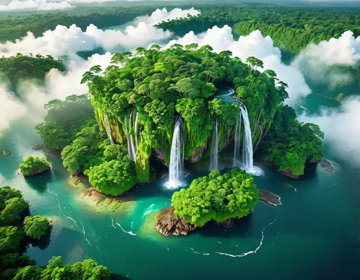 Produce a 4K image of a floating island covered with dense forests and lush greenery, with waterfalls cascading into the clouds below. Use an aerial shot to capture the entire island and its surroundings. The lighting should be bright and natural, giving t...