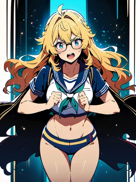 (high quality, 8K, 4k, high contrast, masterpiece:1.2, 最high quality, best aesthetics), (dynamic angle), ((1 female)), erotic, sexy, mature body, JK, , Braid, Glasses, Sexy lips, excited, Chairman, sailor suit:1.2, open your mouth. Takemichi femenina cabel...