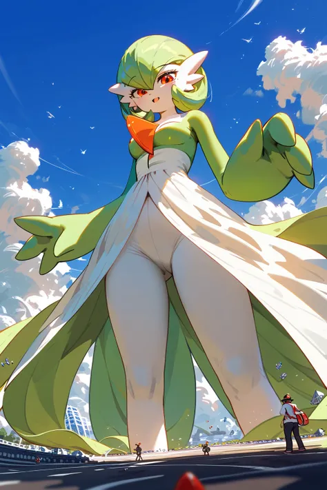 (score_9,score_8,score_7),{{green and white}}, gardevoir, pokemon, macro, low angle, {{standing on the ground}}, standing ,continent