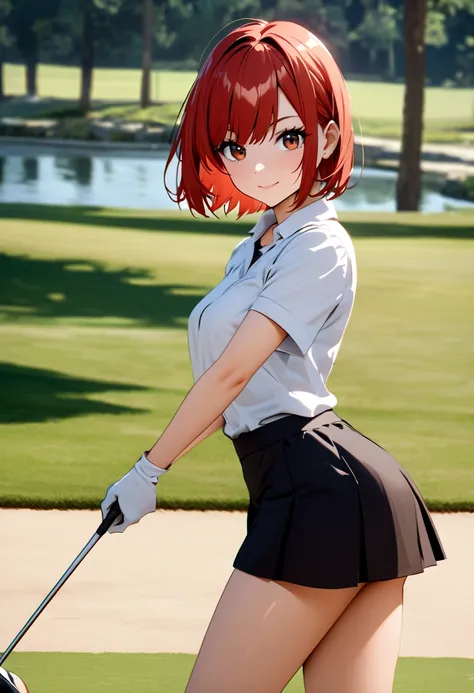 sound　high resolution　8k beauty　woman playing golf　golf course　beautiful woman　bobcut　red hair　black　golf wear　mini skirt　smile　...