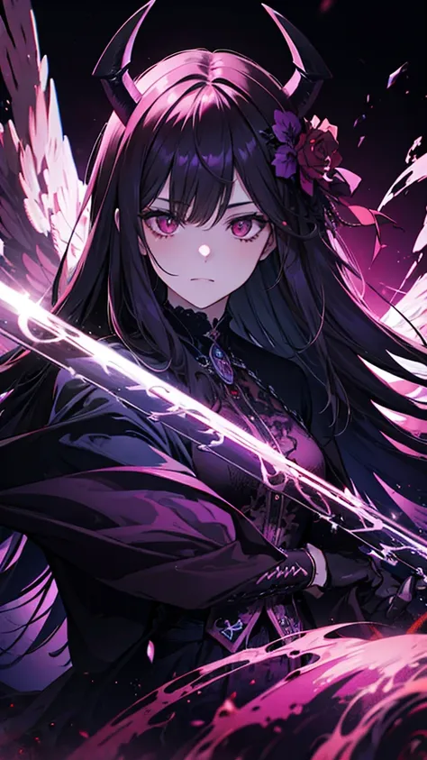 a beautiful long-haired girl with pink eyes, demon horns, demon wings, mischievous expression, cinematic lighting, dark fantasy, vibrant colors, dramatic shadows, moody atmosphere, digital painting, black hair, long coat