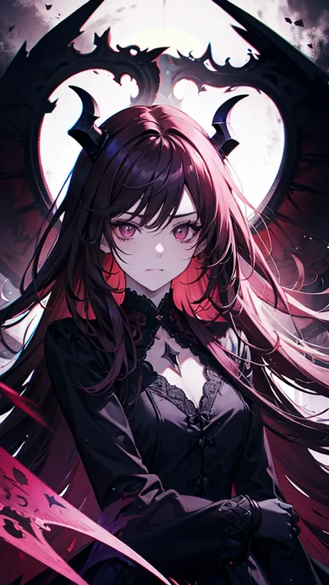 a beautiful long-haired girl with pink eyes, demon horns, demon wings, mischievous expression, cinematic lighting, dark fantasy, vibrant colors, dramatic shadows, moody atmosphere, digital painting, black hair, long coat