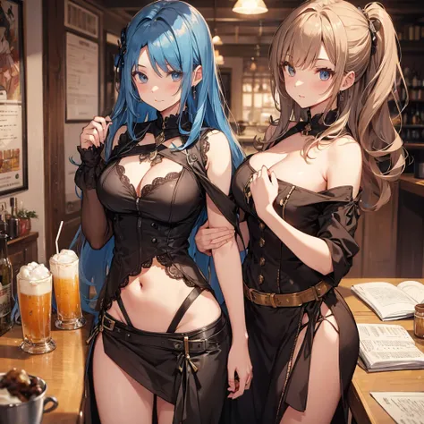 Group of female dancers in a medieval fantasy setting、Dragon Quest、 (At the pub), Mr..々Hairstyle, Harem, night, detailed aspects, skirt, Seduce, Sleeveless、Off the shoulder、Showing panties、Huge breasts、Big Ass、Wide waist、skirtをたくし上げている