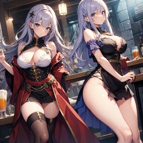 Group of female dancers in a medieval fantasy setting、Dragon Quest、 (At the pub), Mr..々Hairstyle, Harem, night, detailed aspects, skirt, Seduce, Sleeveless、Off the shoulder、Showing panties、Huge breasts、Big Ass、Wide waist、skirtをたくし上げている