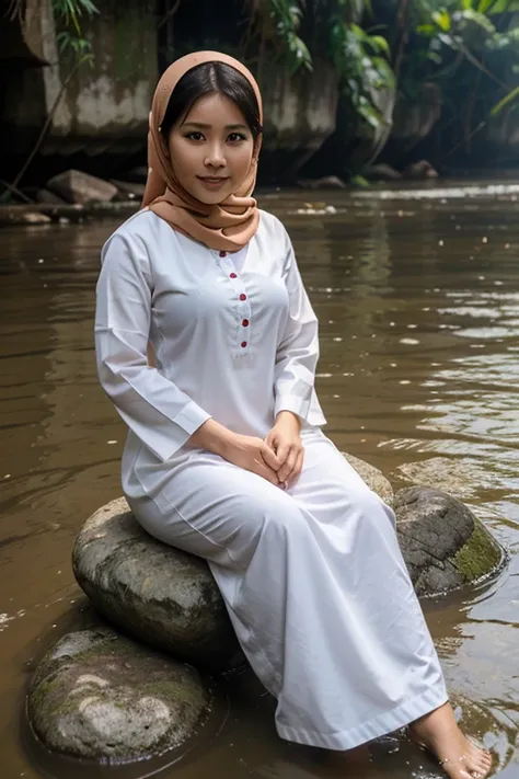 Ilustrasikan secara realistik seorang wanita usia 25 tahun sedang duduk di tepian sungai, berwajah cantik, manis memakai baju renang yang siap melompat ke air.