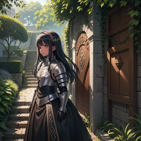 最high quality、high quality、Wearing leather armor１０Year-old girl adventurer、Climb the labyrinth stairs、Long skirt、Equipped with a dagger and a shield、Inside the dim labyrinth