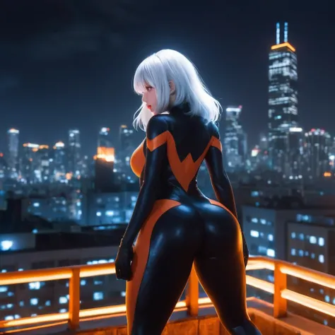 rear focus, masterpiece, squatting, 1girl, rooftop, city, night background, fireflies, light particle, solo, Orange symbiote, long tongue, standing, pixiv, depth of field, cinematic composition, best lighting, looking up, symbiote style, big butt, giant bu...