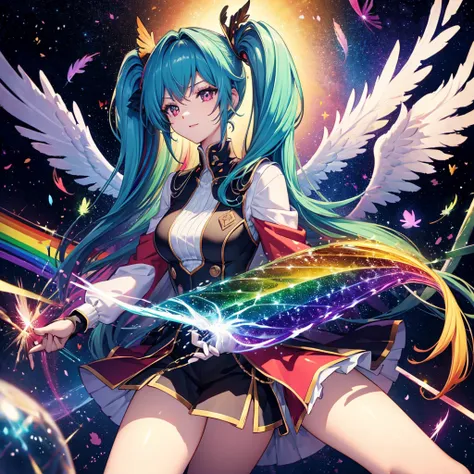 ((Archangel　Fantasy　Rainbow Hair　Make your hair rainbow-colored on the inside　Twin tails　Dull red eyes　Has a galaxy　uniform　Put on a coat without putting your arms through it　Wings many times larger than mine　rainbow gradient feathers　Lonely　Smiling Kindly...