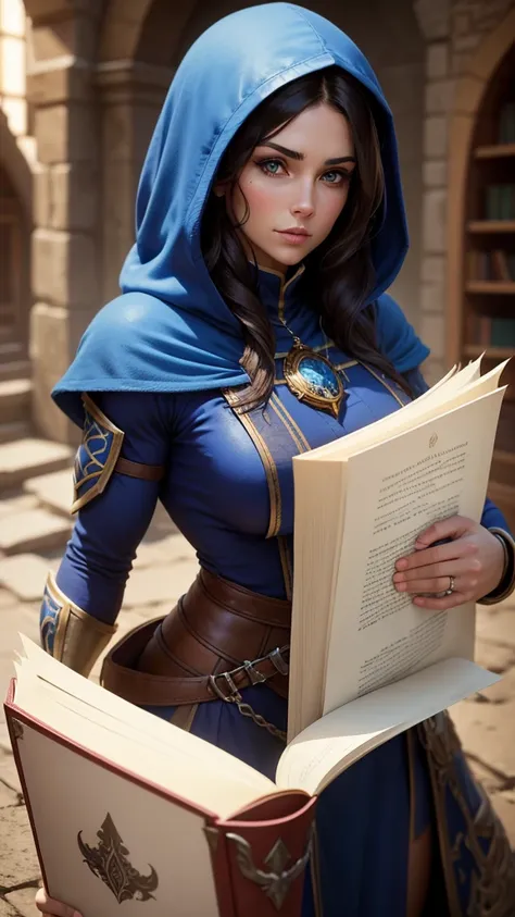 Portrait of a fantasy female brunette human, with a blue hood, large muscles, D&D character, holding a large book.