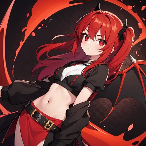 red hair, 16 years old, 1 girl, red and black dragon wings, red and black tail, skirt, crop top, scales,