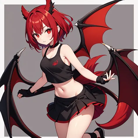 Red hair, 16 years old, 1 girl, red and black dragon wings, red and black tail, skirt, crop top, scales, 