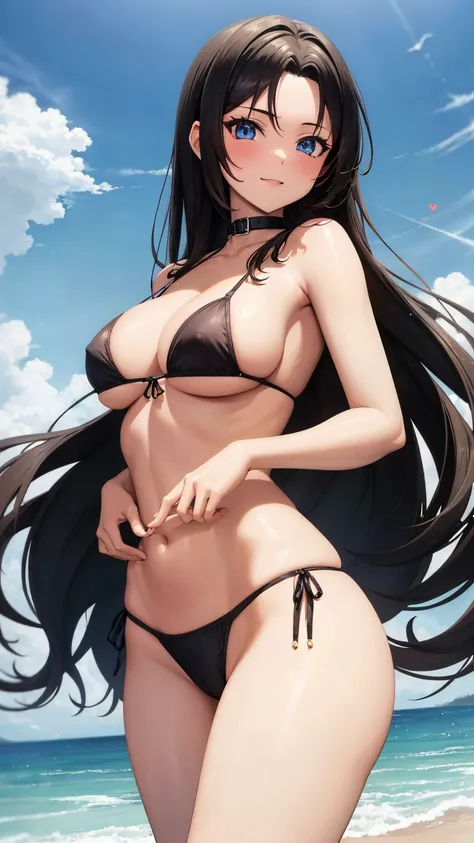 anime sexy girl standind on a grassy field under the sun at the beach, anime style, 1girl, solo, hands behind back, smile, close mouth, black hair, long hair, big breasts, beautiful blue eyes, heart, large breasts, one mole under mouth, sexy black bikini, ...