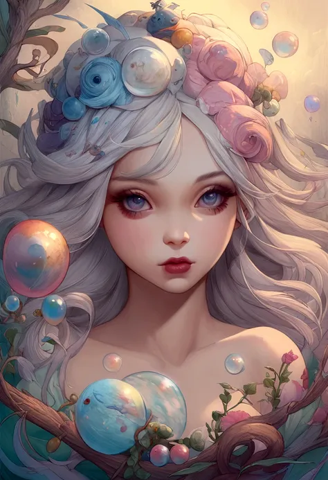 A painting of a woman in a dress blowing bubbles, Barbaric and Wow, Mysterious Bubbles, Moebius + Barbaric + Wow, Dreamy details, intricate Wow, A close-up fantasy using the magic of water, fairy tale artwork, Fairy tale painting, Anna Dittmann style, Wow ...