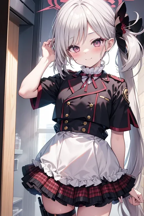 Asahi Mutsuki、Good looking girl (blush, Perfect Face), independent , Looking into the camera, masterpiece, Anime art style, Cute Characters, Most detailed, high quality、Nico Nico Smile、Silver Hair、Side Ponytail、Small breasts、Lolita、Combat Uniform、gunを持っている...