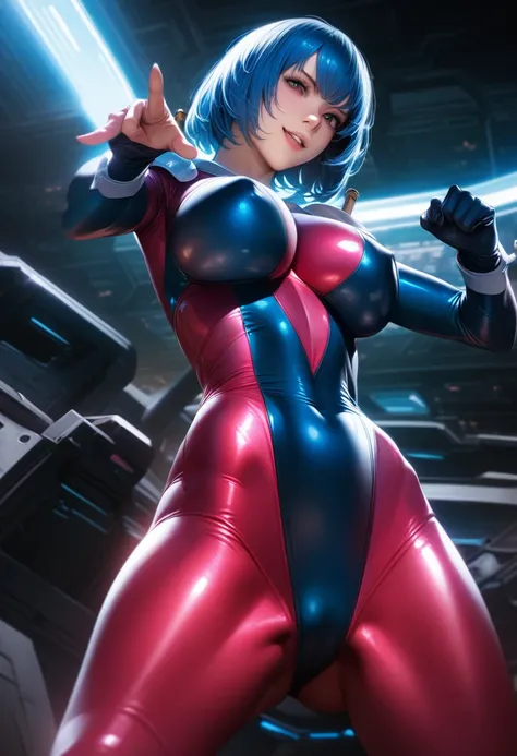 perfect hands, perfect finger,perfect anatomy, masterpiece, best quality,realistic, hyperrealistic, 16k hdr,1girl, large breasts,erected nipples,blue hair, bobcut,mobile trace suit, shoulder armor,bodysuit,fighting pose, upper body, cockpit,from below,smil...