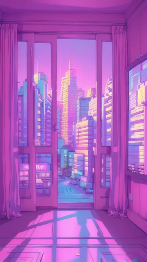 pink theme, style anime, huge city background, precious hotel, living room, (highly detailed:1.2), (warm light:1.2), masterpiece...