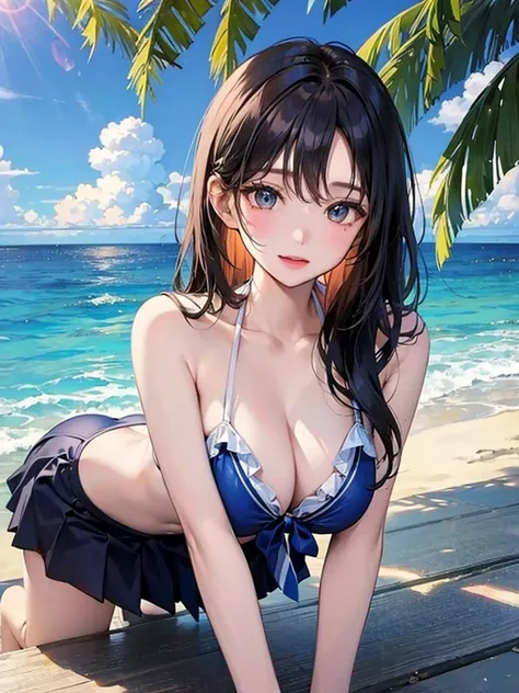 girl、Large Breasts、On all fours、Blue Bikini、Ocean、stare、