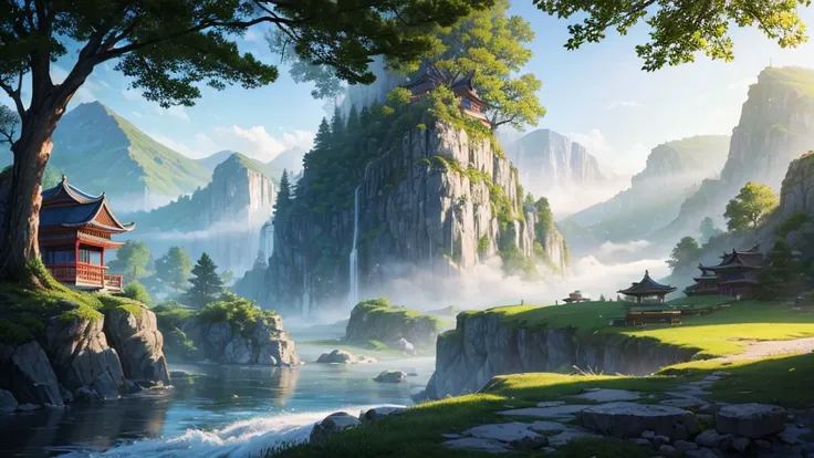 a mystical landscape with soaring limestone mountains, covered in fog. There are traditional East Asian style houses with tiered roofs, Curved and hidden between mountains and trees. A river or body of water winds through the landscape, with small works bu...