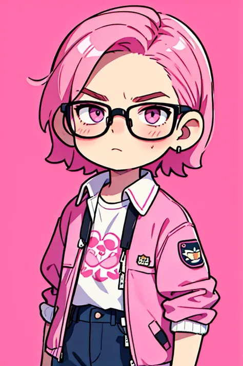 Sharp image, man, pink hair, wearing a pink jacket. , has a dull, bored face, wears round glasses, has short, neat hair, is cool