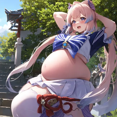 kokomidef, upper body, blush, outdoors, day, simple background, blue sky, short hair, sky, temple, looking at viewer, stairs, mountain, moody lighting, facing viewer, chubby, large belly, (big belly:1.5), round belly, shocked, open mouth, her belly swellin...