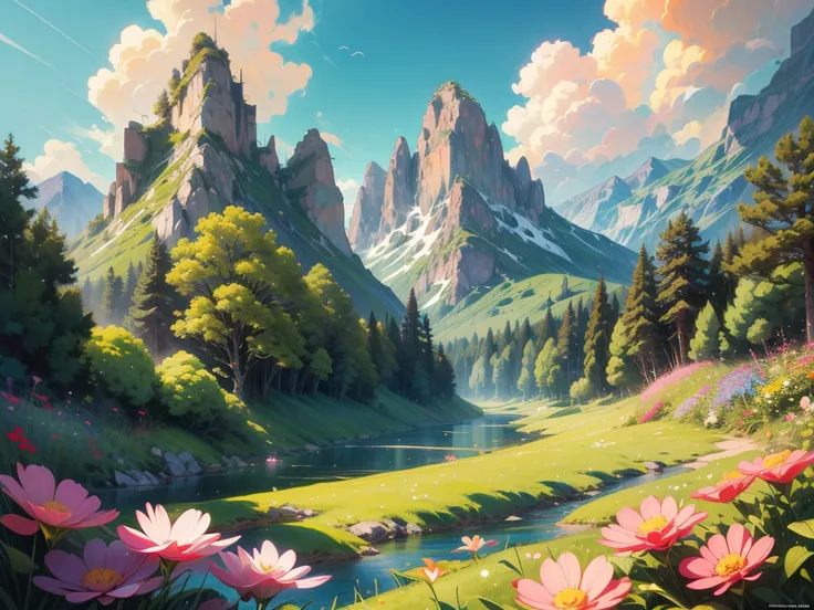 a painting of studio ghibli streets, still from the wind rises movie, multicolored flowers, river, anime, japanese, flower background, flowery wallpaper, flowers background, floral background, mountainous background, mountain background. by makoto shinkai,...