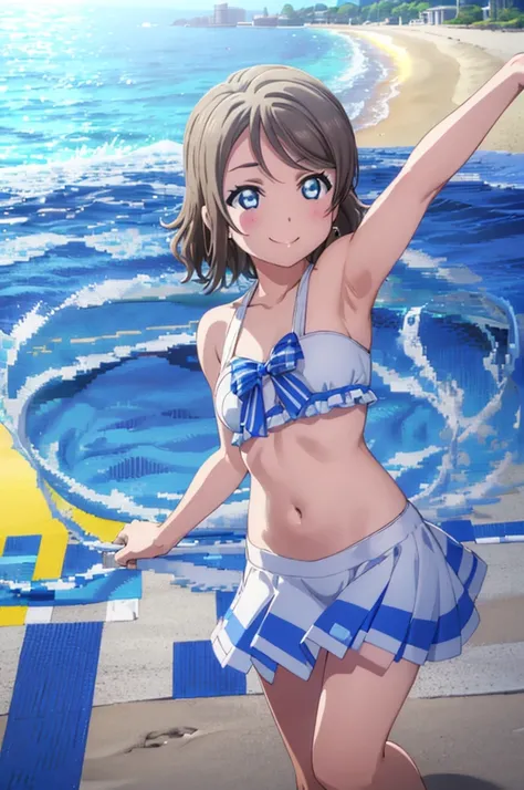 (((pixel-perfect, detail-perfect))), solo, 1girl, you watanabe, eyes azzur, smile, bikini, summer beach, armpit, big filesize, ultra High Qality