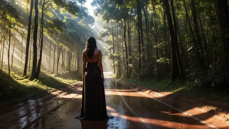 Shadow silluete of one big curved tall woman standing on a clay road surrounded by forest in front of the sunlight after a rain without clothes and hair down 