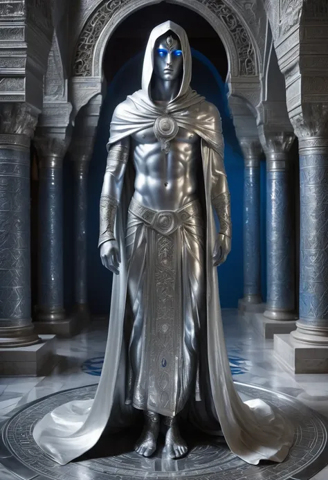 A full-length statue of the beautiful sexual young man with beautiful opened blue eyes looking forward with silver skin - God of the moon, made of silver, arabic appearance, naked in a floor-length silver skirt, covered with a hood, semicircular symbols on...