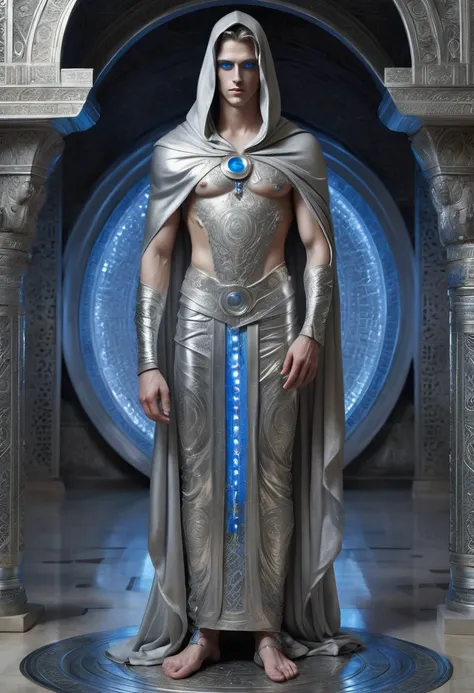 A full-length statue of the beautiful sexual young man with beautiful opened blue eyes looking forward with silver skin - God of the moon, made of silver, arabic appearance, naked in a floor-length silver skirt, covered with a hood, semicircular symbols on...