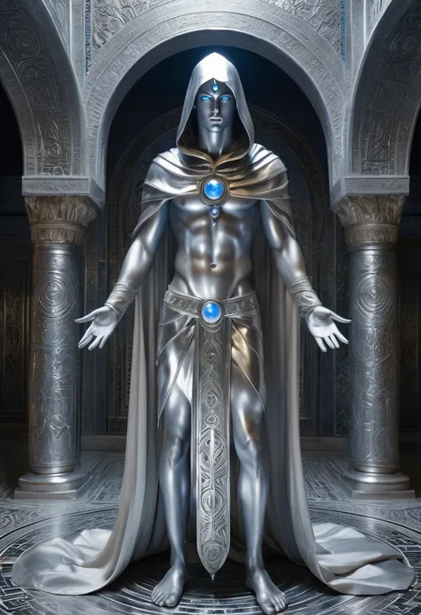 A full-length statue of the beautiful sexual young man with beautiful opened blue eyes looking forward with silver skin - God of the moon, made of silver, arabic appearance, naked in a floor-length silver skirt, covered with a hood, semicircular symbols on...