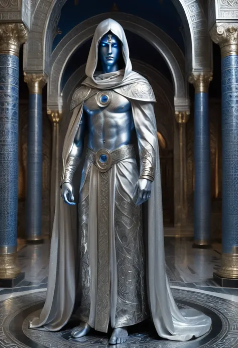 A full-length statue of the beautiful sexual young man with beautiful opened blue eyes looking forward with silver skin - God of the moon, made of silver, arabic appearance, naked in a floor-length silver skirt, covered with a hood, semicircular symbols on...