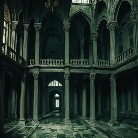 Dark green and black, abondoned places / palaces vibe