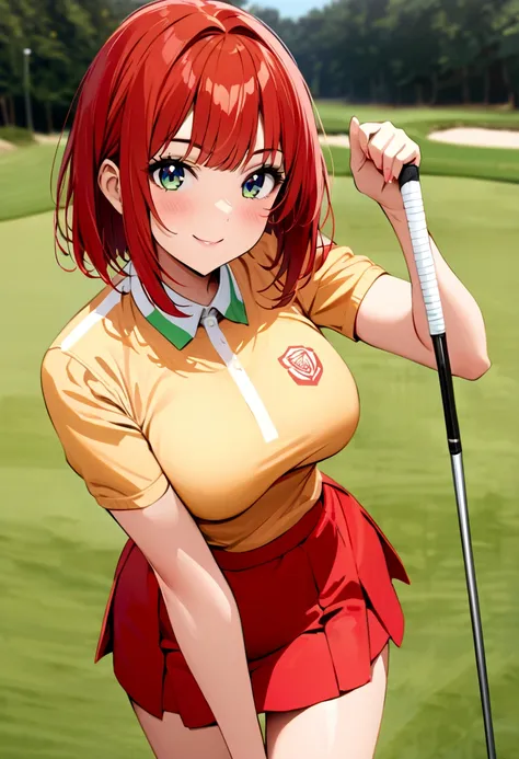 sound　high resolution　8k beauty　Woman playing golf　Golf course　Beautiful woman　Bobcut　Red hair　　Golf Wear　mini skirt　smile　　looking at the camera　nice shot