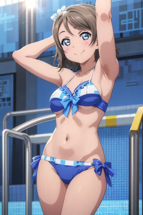 (((pixel-perfect, detail-perfect))), solo, 1girl, you watanabe, eyes azzur, smile, bikini, pool, armpit, big filesize, ultra High Qality