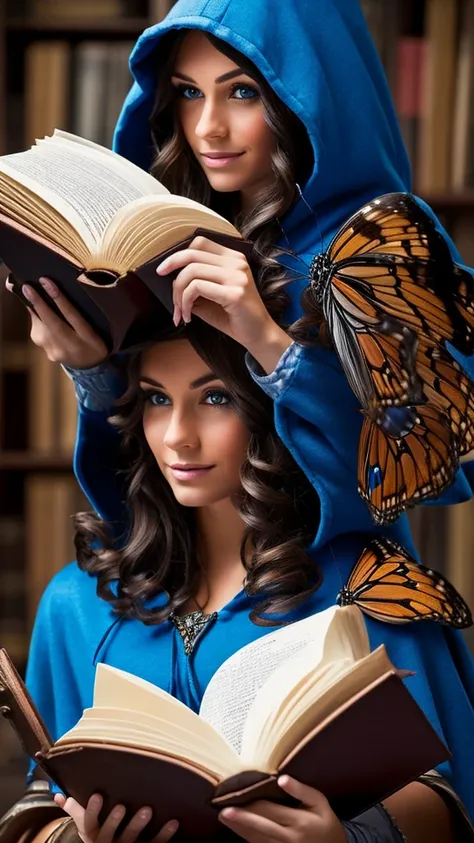 Portrait of a fantasy female brunette human, with a blue hood, with large muscles, D&D character, holding a large book with butterfly on the bookcover.