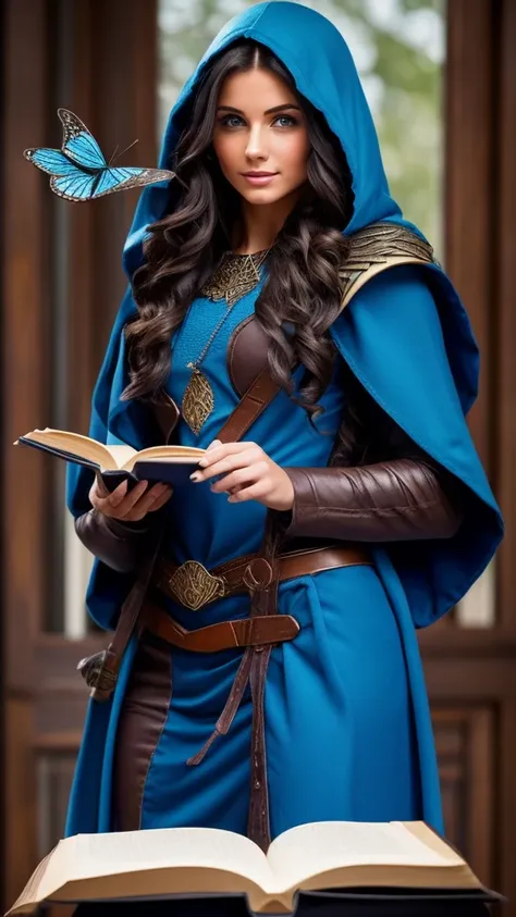 Portrait of a fantasy female brunette human, with a blue hood, with large muscles, D&D character, holding a large book with butterfly on the bookcover.