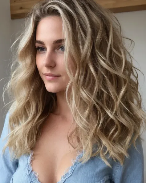 belle blonde, longs cheveux bruns, wavy hair, portant un panier blanc décolleté, vue de face, debout, very detailed, 20 ans, natural wavy hair, yeux bleus, grain de beauté sur la joue droite haute résolution, chef-d&#39;artwork, Excellent quality, Intricat...