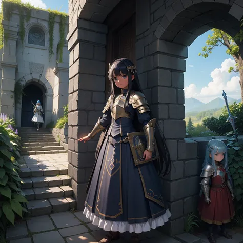 最high quality、high quality、Simple Armor、１０Year-old girl adventurer、Climb the labyrinth stairs、Long skirt、Equipped with a dagger and a shield、Inside the dim labyrinth