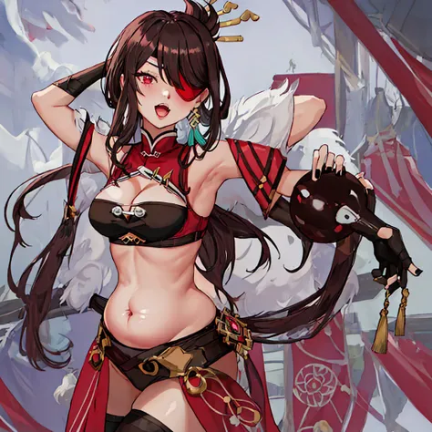 Best Quality, masutepiece, hight resolution, Solo, {beidou_Genshin:1.15}, long_hair, an eye patch, Red_Eyes, brown_hair, hair_ornament detached, hair_Over_One_eye, breasts, One_eye_Covered, Hairpin, hair_stick, Jewelry, Bangs, earrings, Large_breasts, clea...