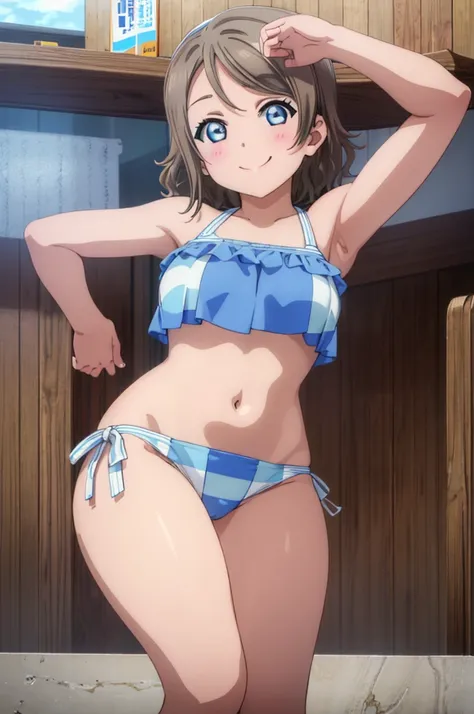 (((pixel-perfect, detail-perfect))), solo, 1girl, you watanabe, eyes azzur, smile, bikini, sauna, armpit, big filesize, ultra High Qality