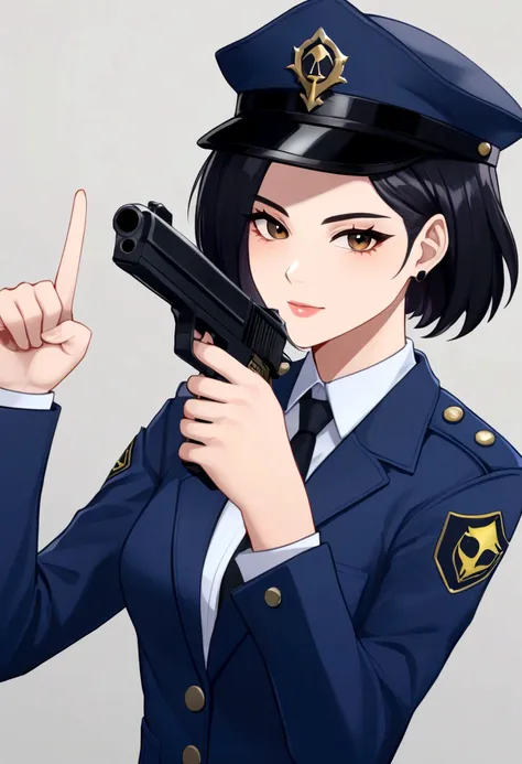 anime girl in uniform holding a gun and pointing it at the camera, officer, seductive anime girl, policewoman, trigun stampede s...